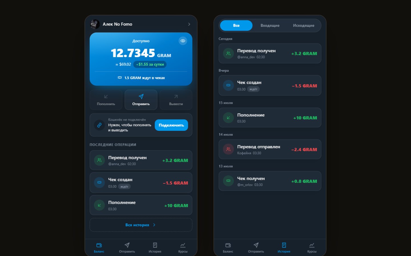 Mini App «Friendly Wallet»: экран баланса с долларовым эквивалентом и список последних операций; рядом — история переводов